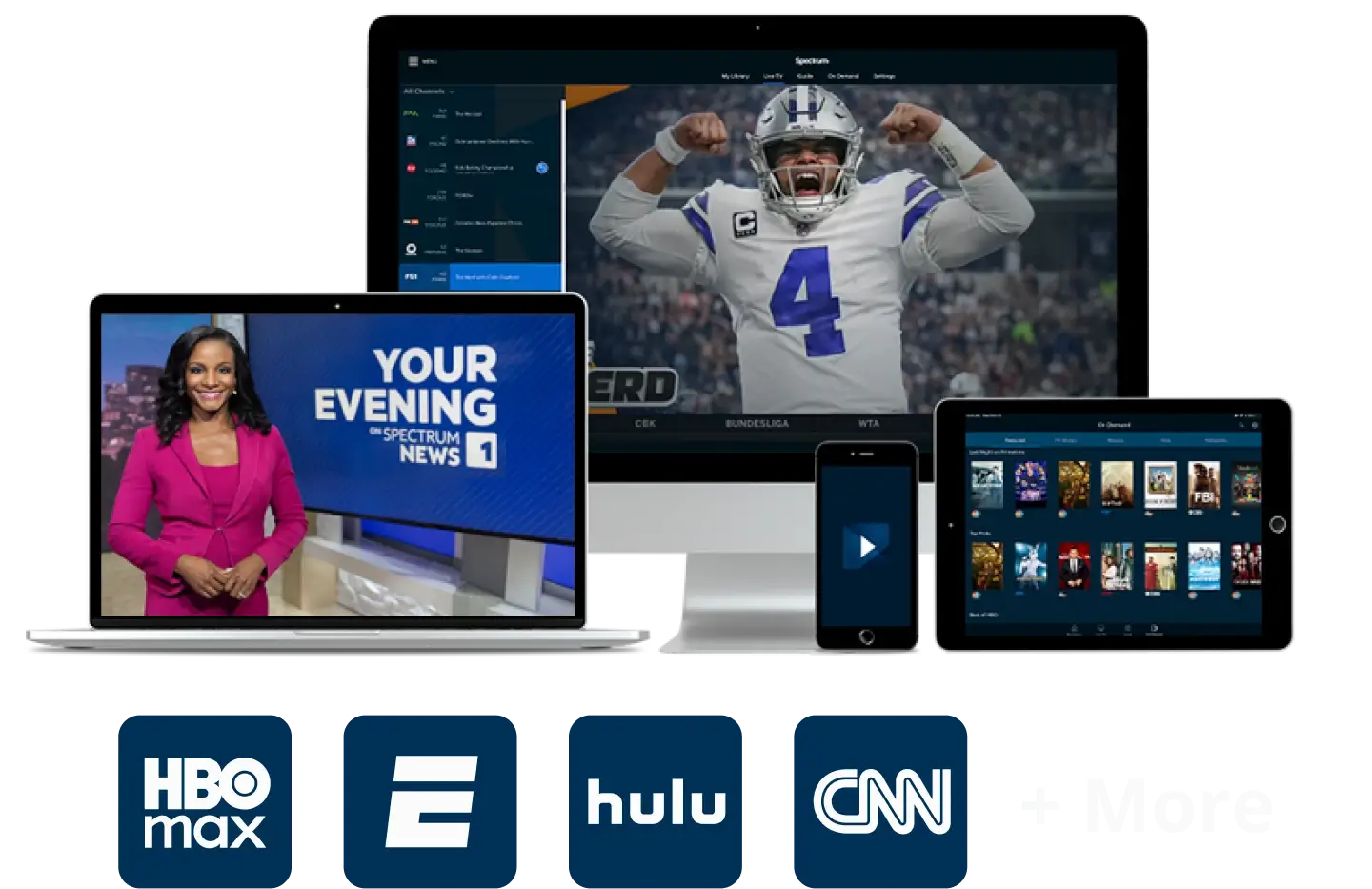 Multiple devices displaying Spectrum TV content including news, sports, and entertainment