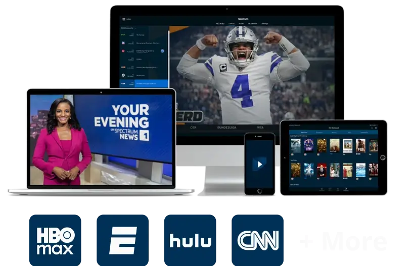 Multiple devices displaying Spectrum TV content including news, sports, and entertainment