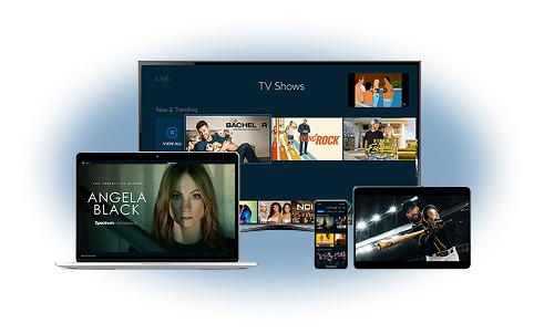 Various devices displaying streaming content, including a laptop, tablet, and smartphone, featuring TV shows and movies.